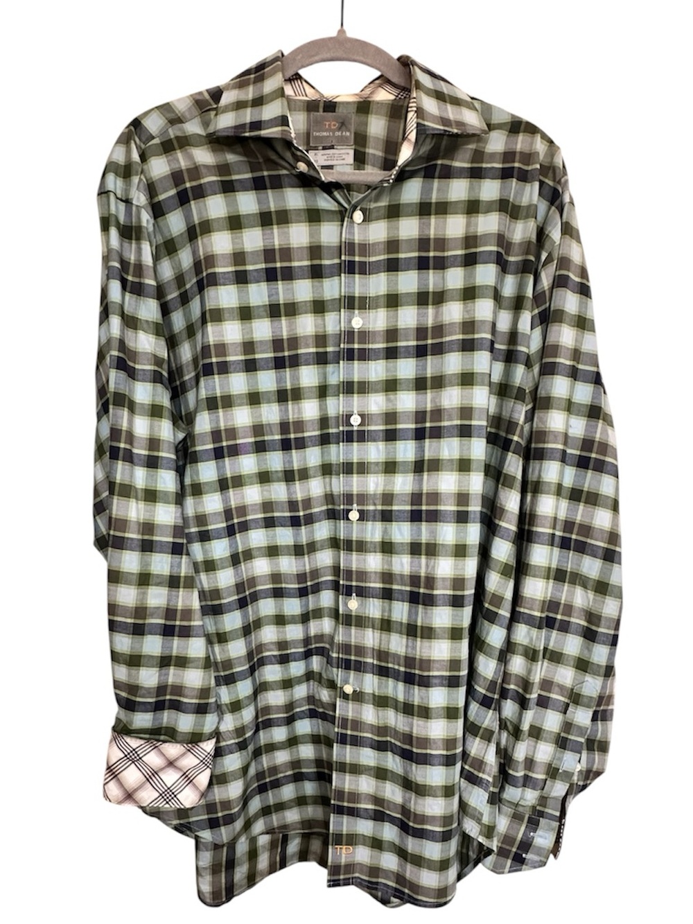 Thomas Dean TD Green & Blue Plaid Flip Cuff Mens L/S Button Shirt Size XL